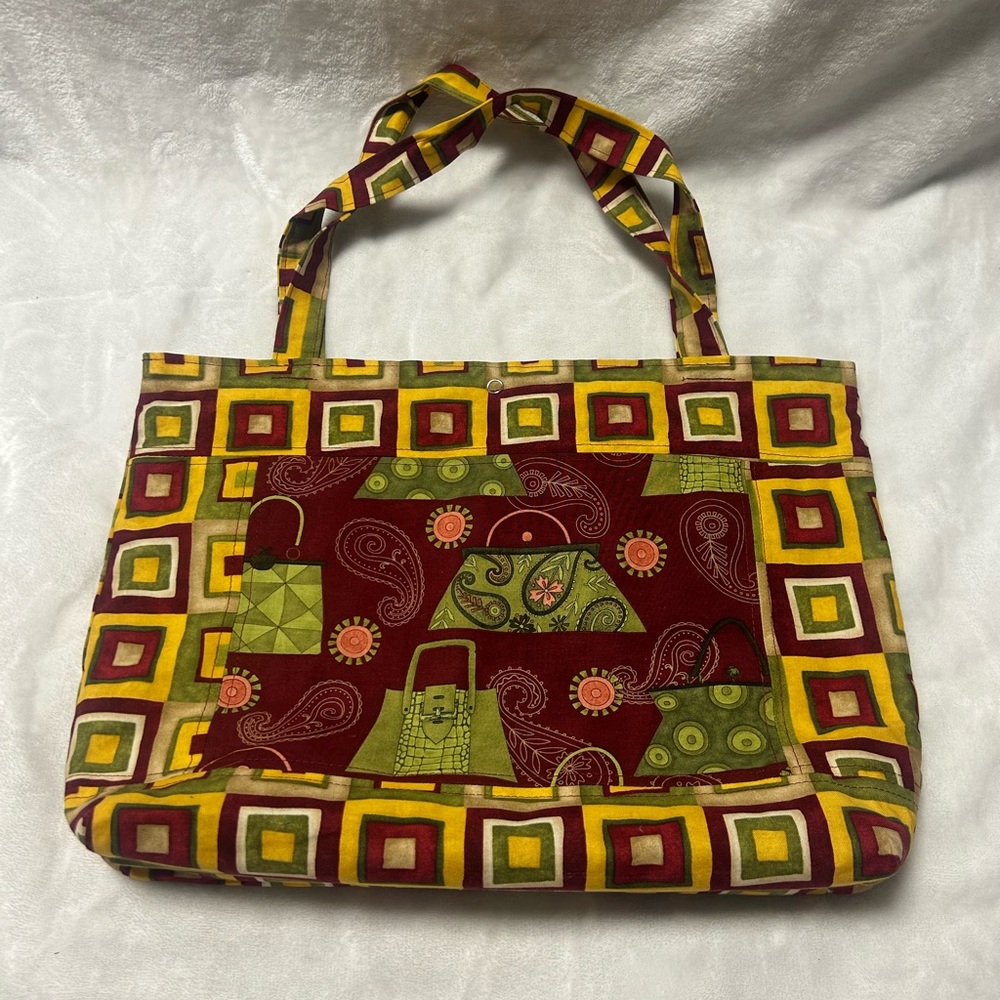 Yellow green red graphic medium handmade purse shoulder handbag